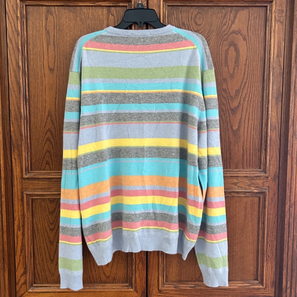 Grant Thomas 100% Two-Ply Cashmere Rainbow Cobain Striped XXL Sweater Dopamine - Picture 2 of 7
